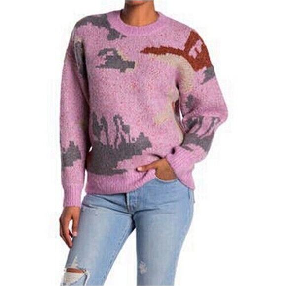 Elodie Women's Abstract Print Oversized Crew Neck Sweater in Purple Multi Large - Picture 1 of 3